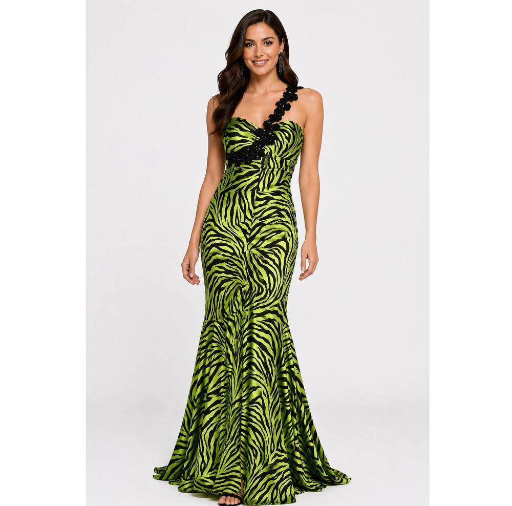 Xscape by Joanna Chen One Shoulder Zebra Print Mermaid Gown Y2K Womens Size 8